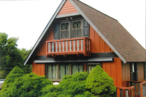 Picture of an A-frame house with steel siding.